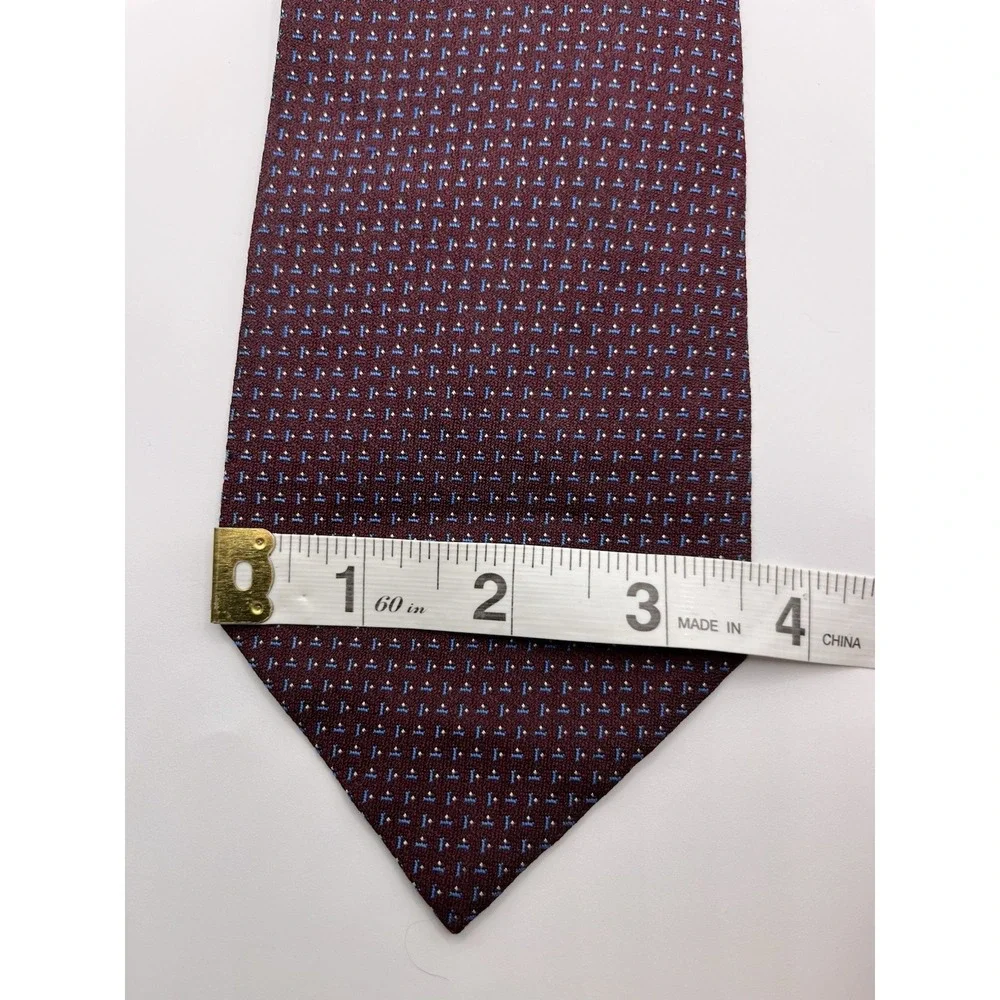POLO RALPH LAUREN Mens Silk Necktie Burgundy Blue Geometric Hand Made in USA